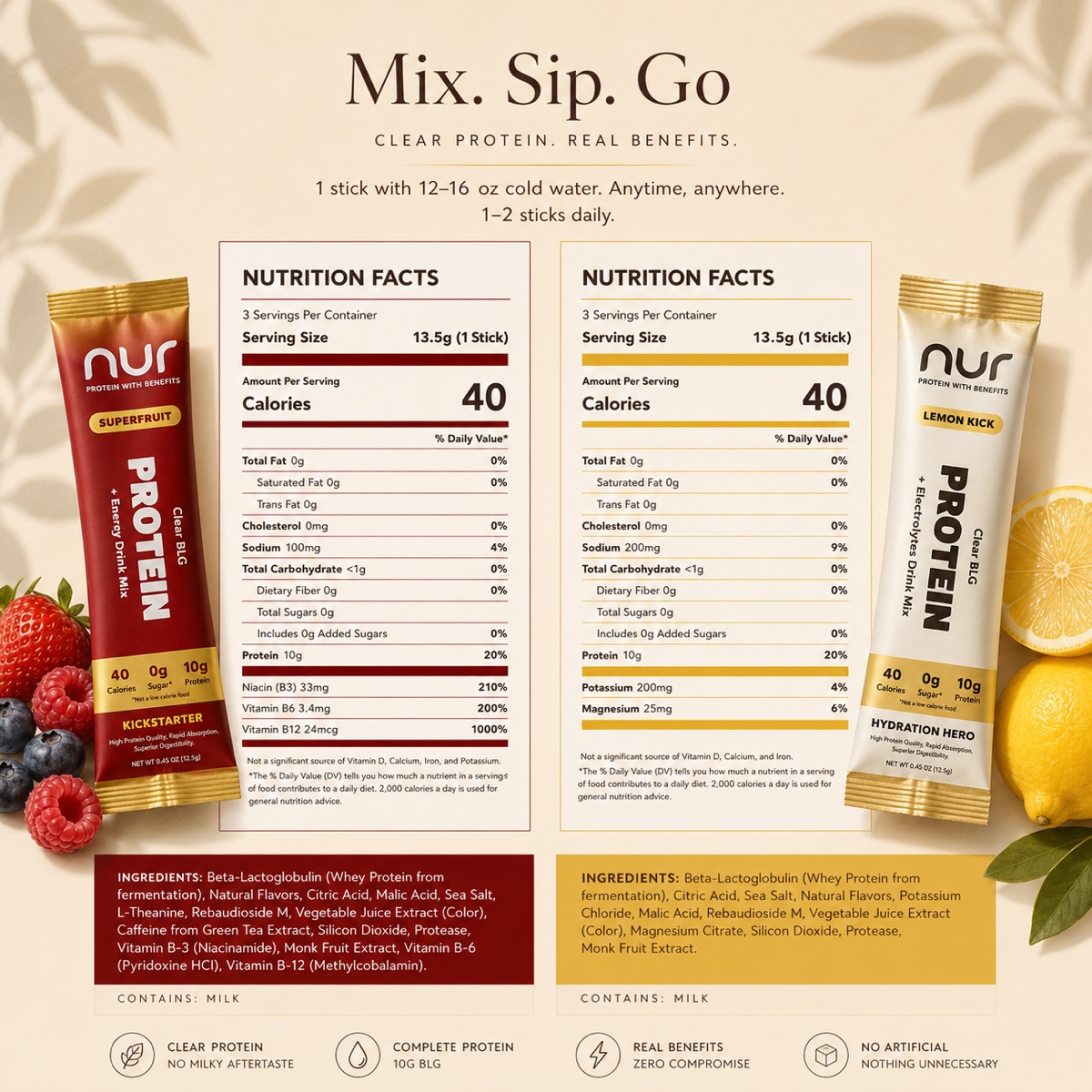 NUR Clear Protein nutrition facts — Superfruit and Lemon Kick