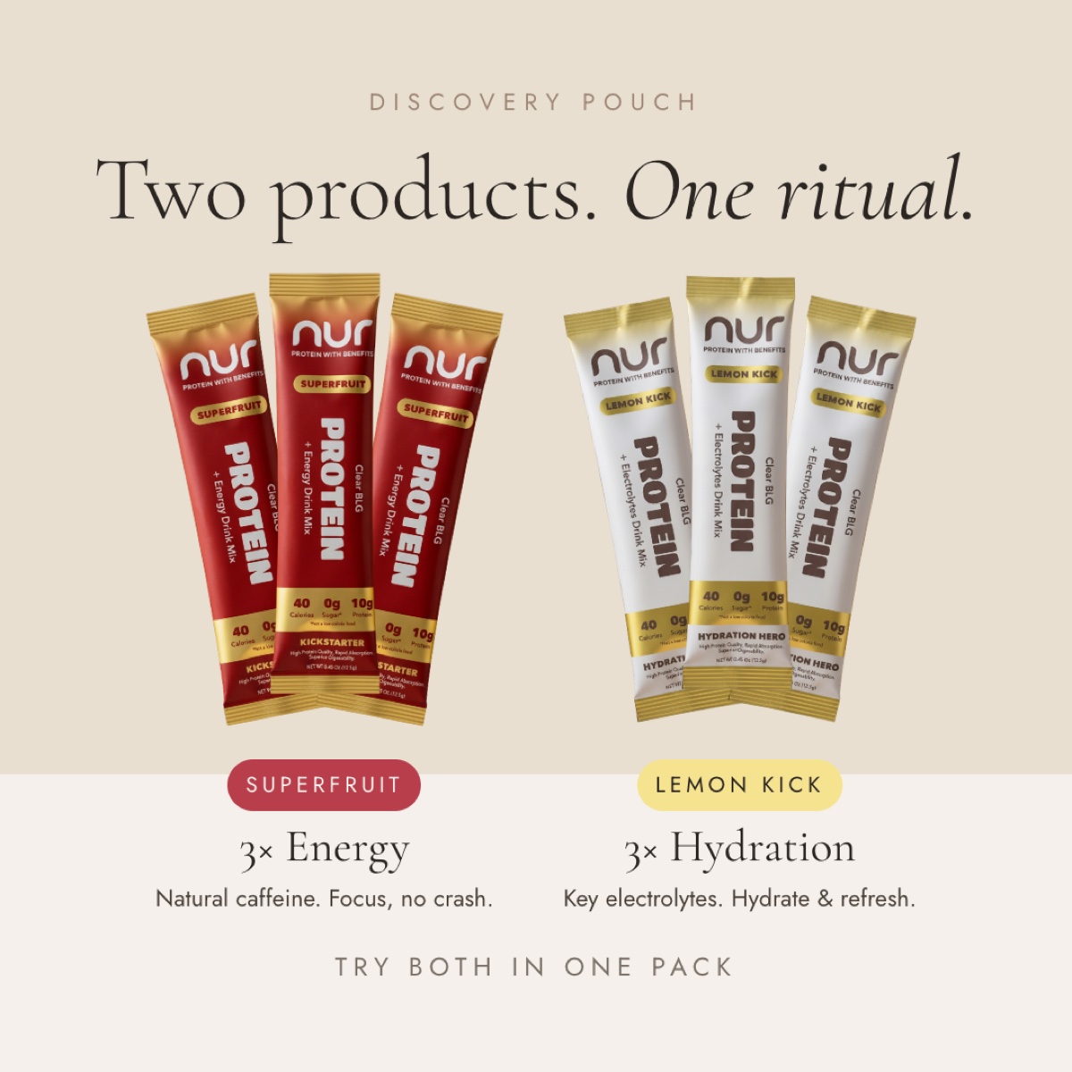 NUR Superfruit and Lemon Kick protein sticks — two products, one ritual